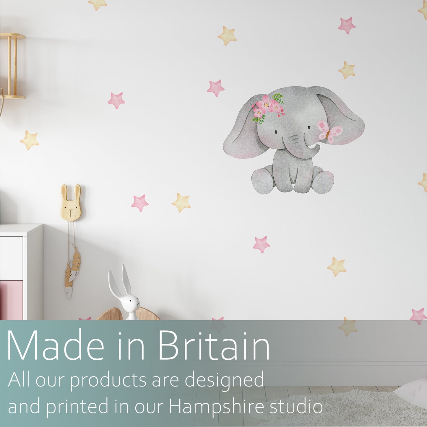 Watercolour elephant with pink and yellow stars | Fabric wall sticker