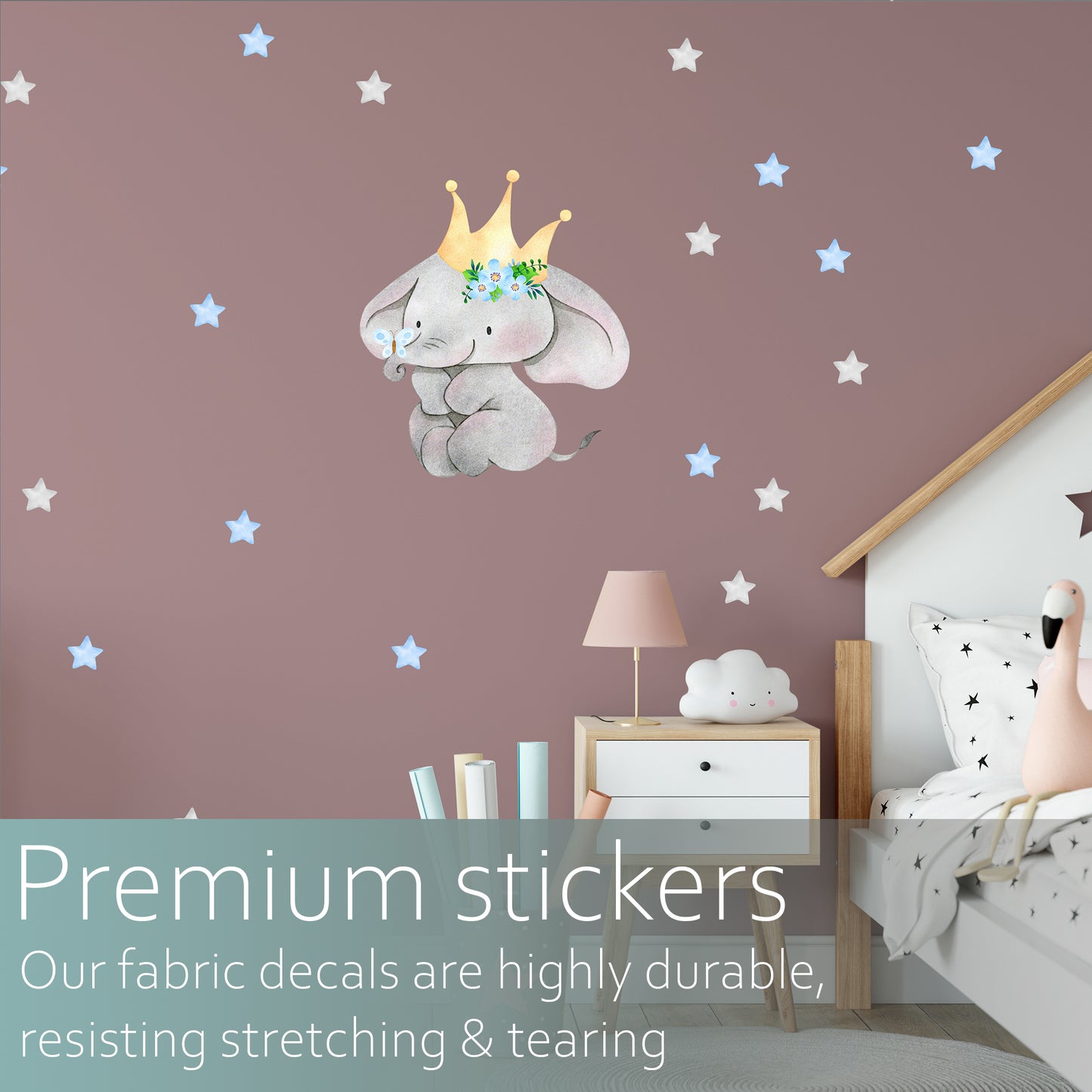 Watercolour elephant with blue and grey stars | Fabric wall sticker-Fabric wall stickers-Adnil Creations