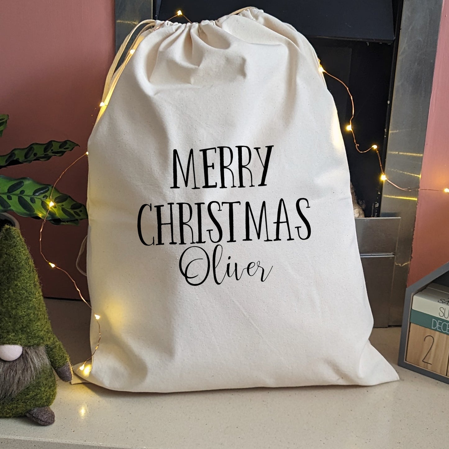 Merry Christmas Drawstring Bag with any Name | Christmas Sack-Cotton sack-Adnil Creations
