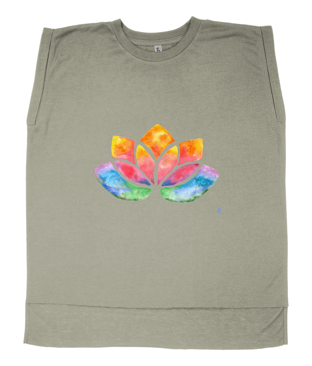 Flowy Rolled Cuff Muscle T-Shirt with watercolour Lotus-T-Shirt-Adnil Creations