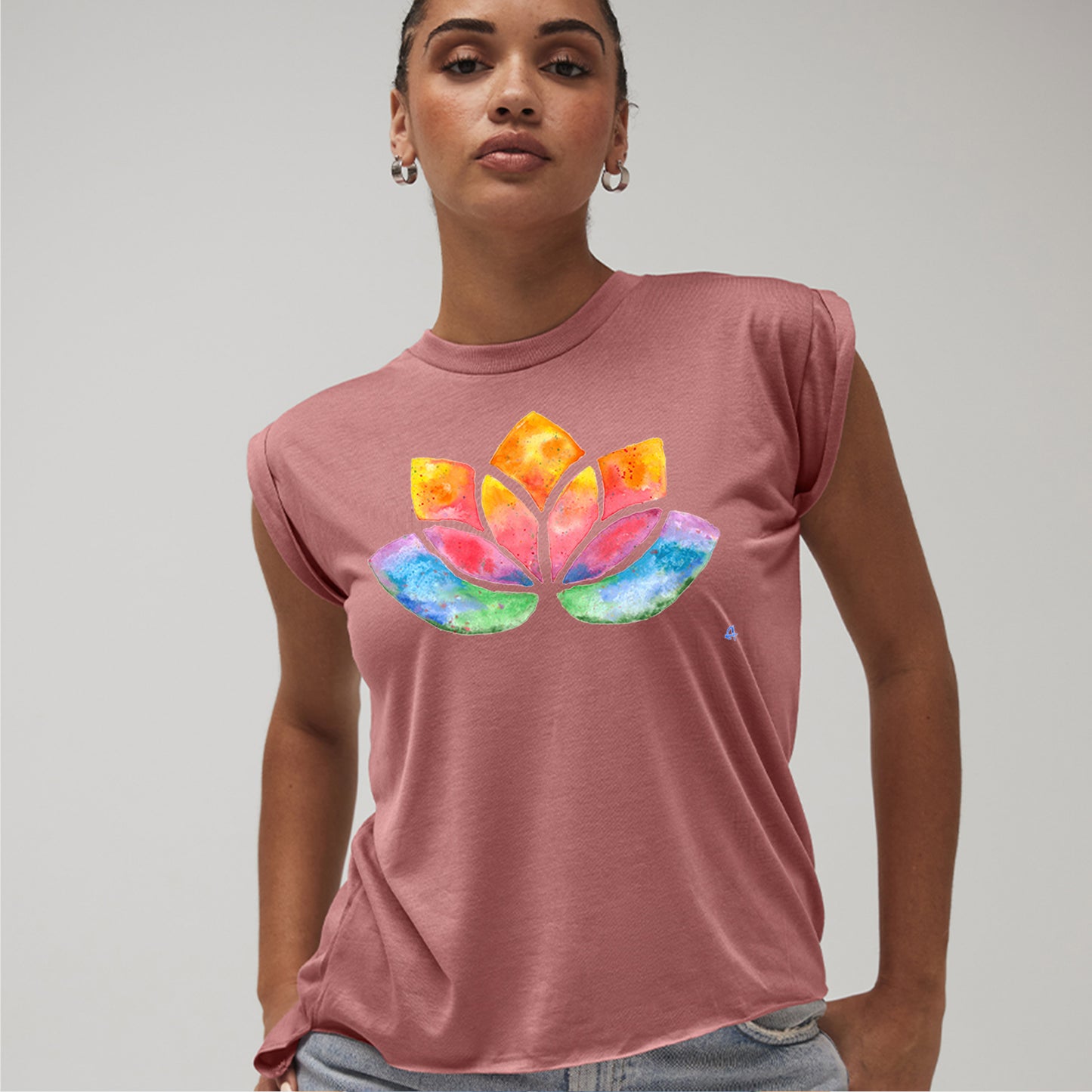 Flowy Rolled Cuff Muscle T-Shirt with watercolour Lotus-T-Shirt-Adnil Creations