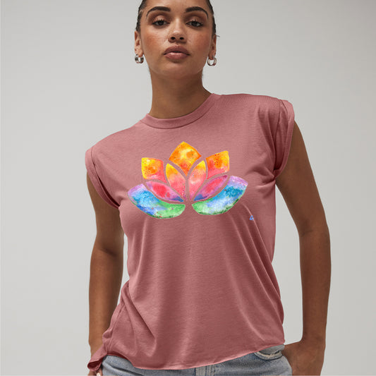 Flowy Rolled Cuff Muscle T-Shirt with watercolour Lotus