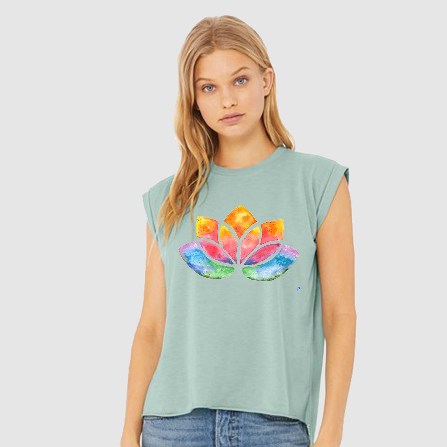 Flowy Rolled Cuff Muscle T-Shirt with watercolour Lotus-T-Shirt-Adnil Creations