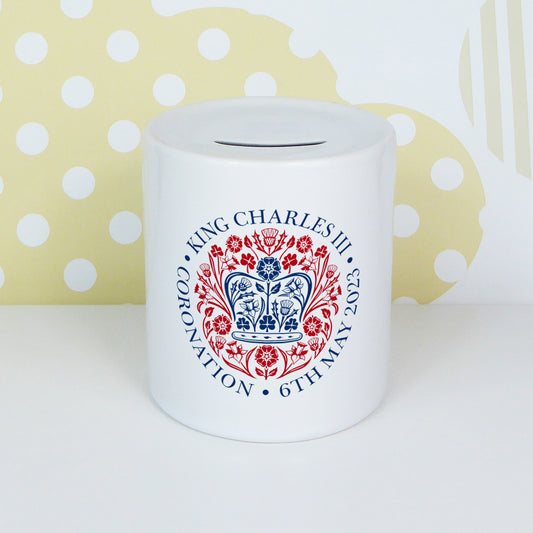 Official Emblem of The Coronation of King Charles III – 6th May 2023 | Ceramic money box | Red and Blue