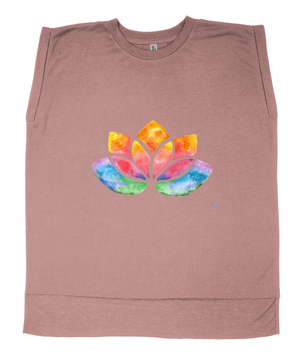 Flowy Rolled Cuff Muscle T-Shirt with watercolour Lotus-T-Shirt-Adnil Creations