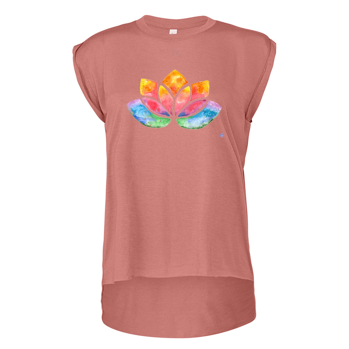 Flowy Rolled Cuff Muscle T-Shirt with watercolour Lotus-T-Shirt-Adnil Creations