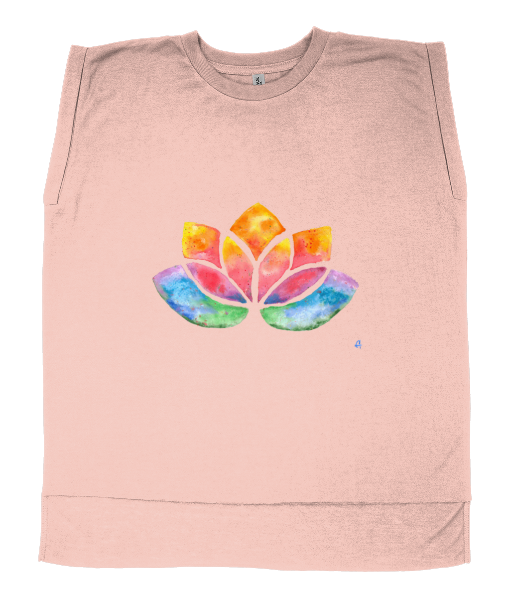 Flowy Rolled Cuff Muscle T-Shirt with watercolour Lotus-T-Shirt-Adnil Creations