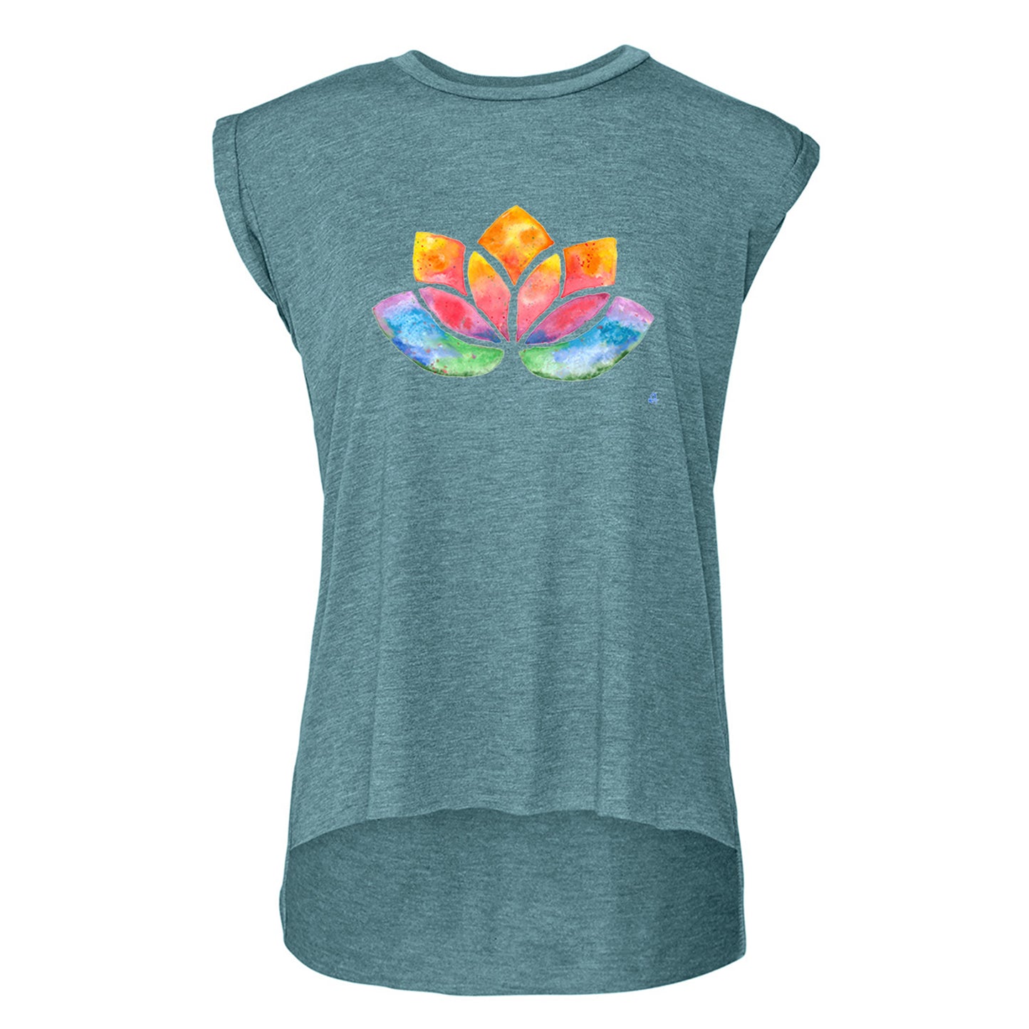 Flowy Rolled Cuff Muscle T-Shirt with watercolour Lotus-T-Shirt-Adnil Creations