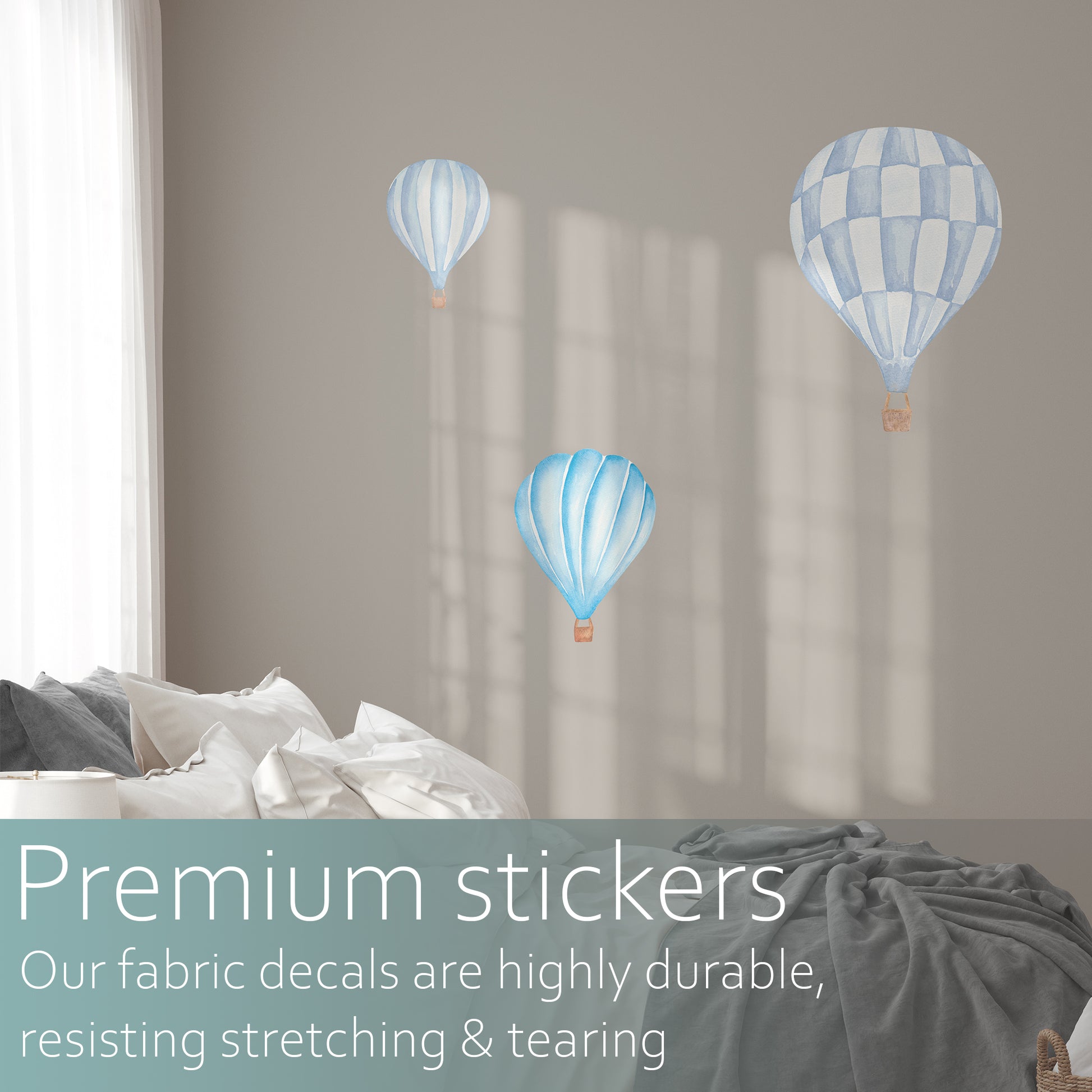 Trio of watercolour hot air balloons | Fabric wall stickers-Fabric wall stickers-Adnil Creations