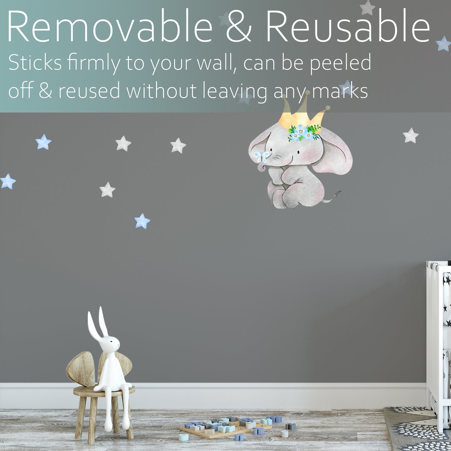 Watercolour elephant with blue and grey stars | Fabric wall sticker