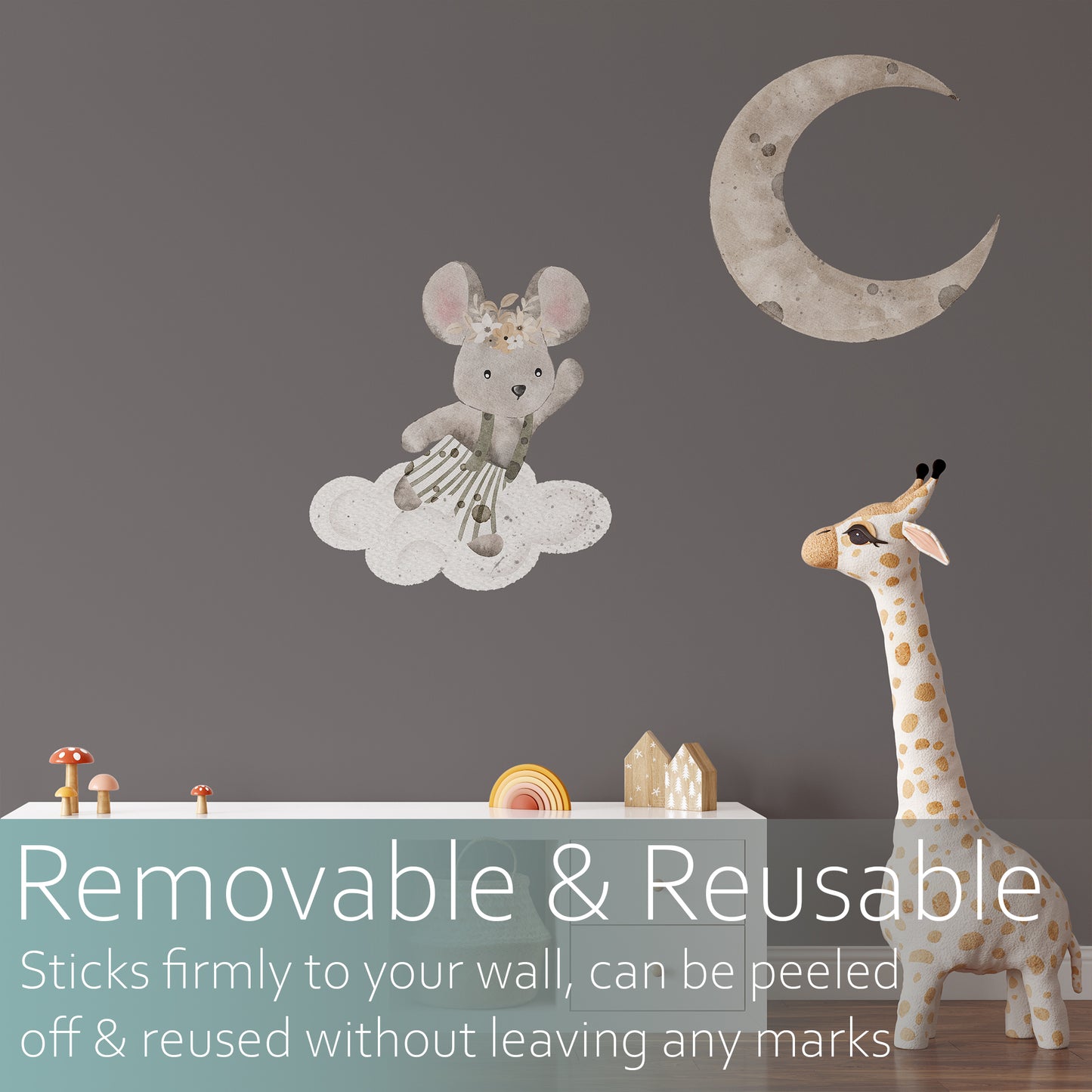 Watercolour mouse and moon | Fabric wall sticker