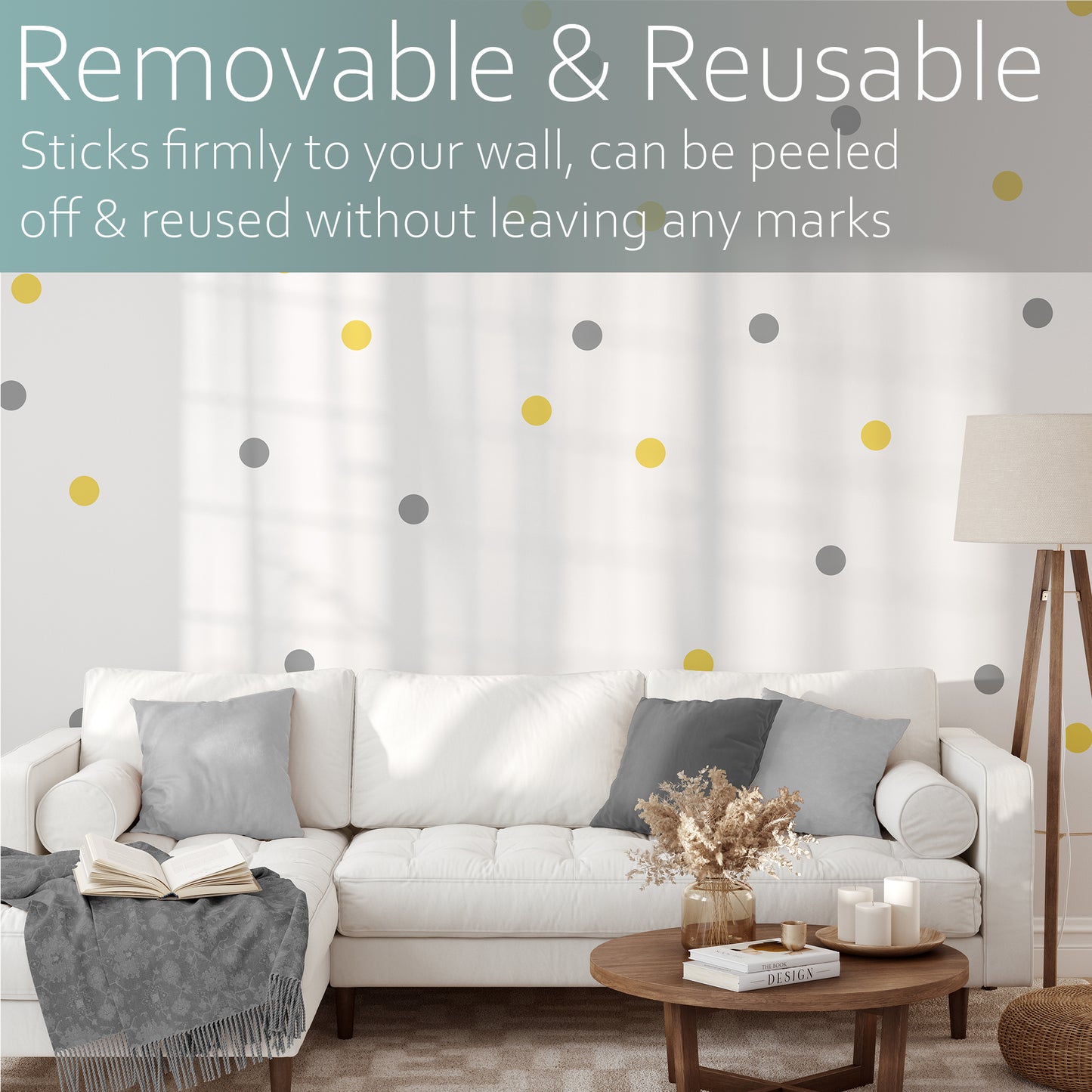 Grey and yellow polka dots | Fabric wall stickers