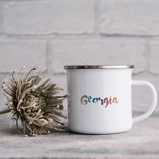 Muted pastel rainbow personalised name | Enamel mug