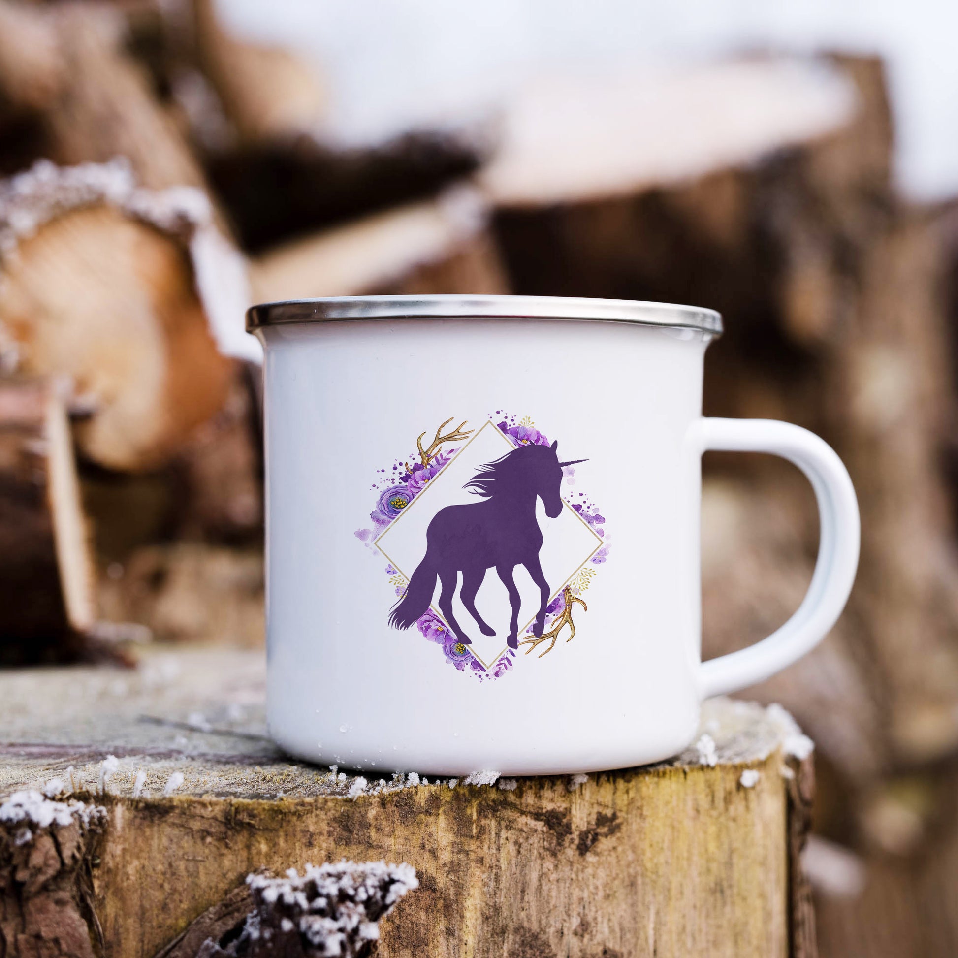 Unicorn and floral frame | Enamel mug-Enamel mug-Adnil Creations