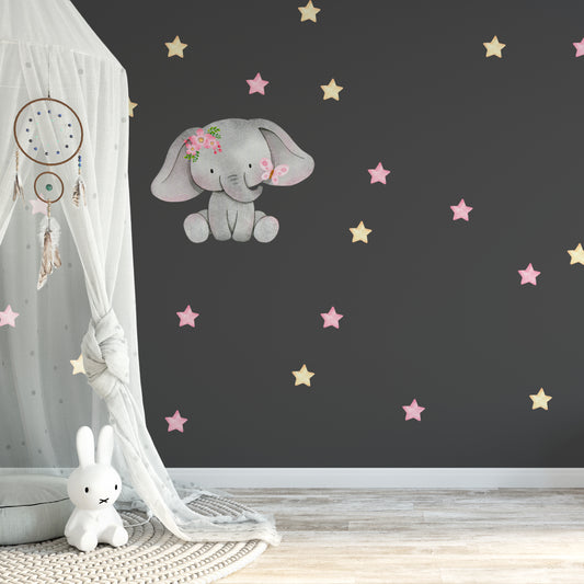 Watercolour elephant with pink and yellow stars | Fabric wall sticker