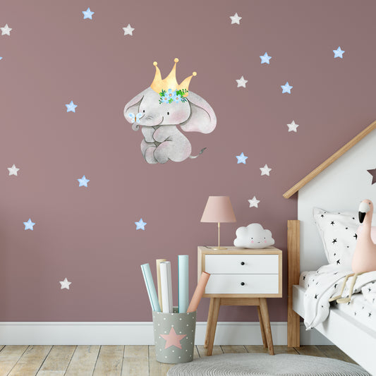 Watercolour elephant with blue and grey stars | Fabric wall sticker
