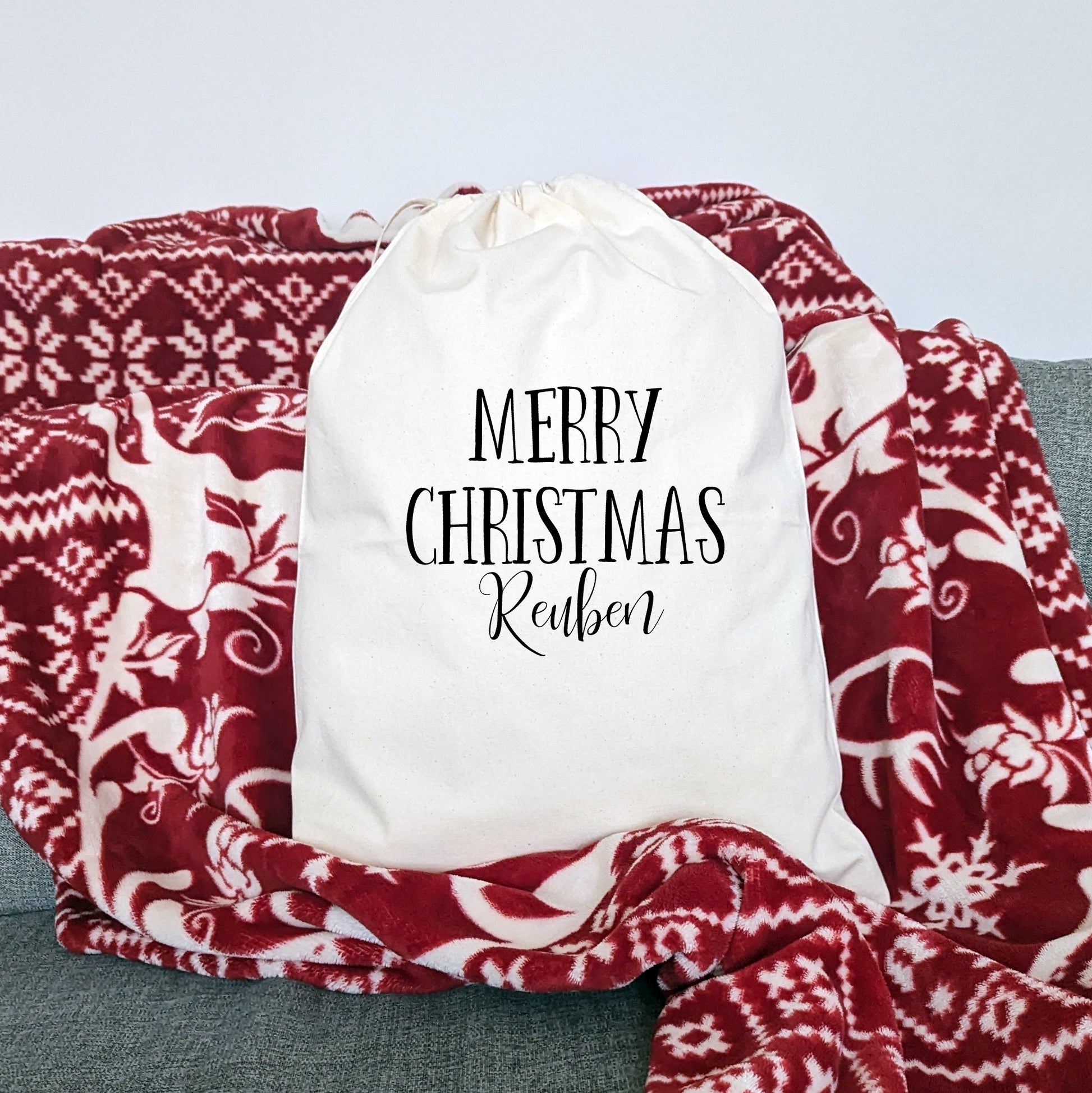 Merry Christmas Drawstring Bag with any Name | Christmas Sack-Cotton sack-Adnil Creations