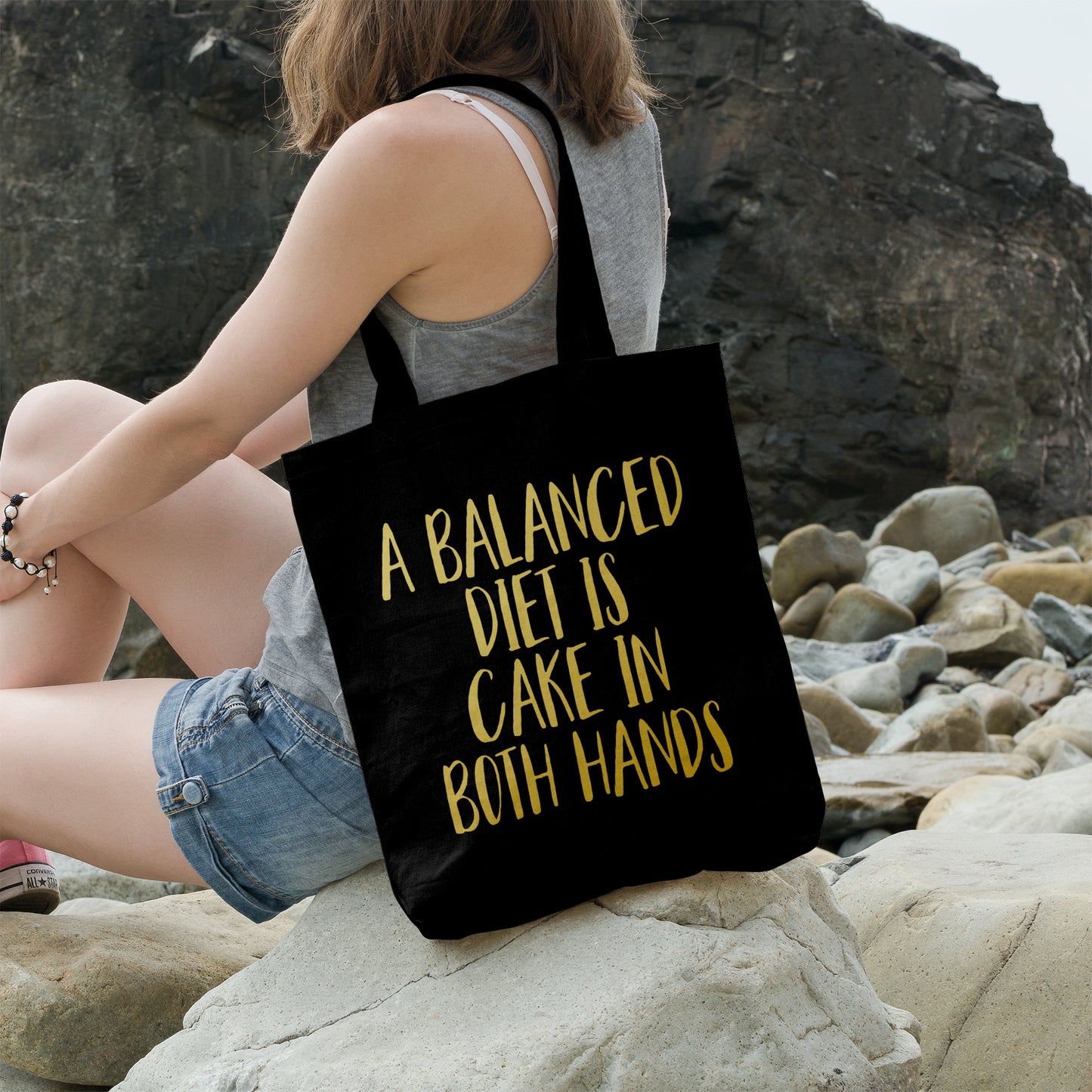 A balanced diet is cake in both hands | 100% Cotton tote bag
