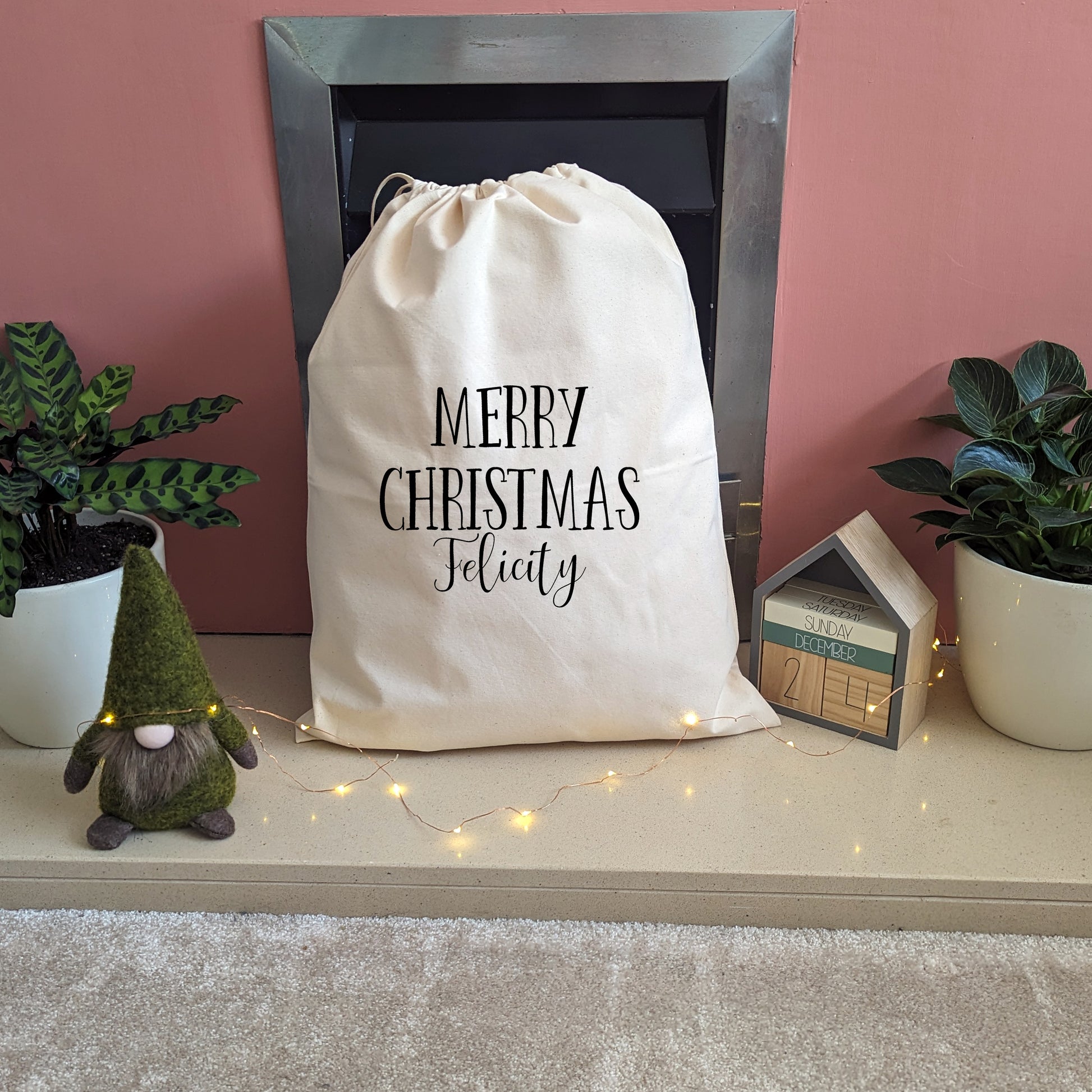 Merry Christmas Drawstring Bag with any Name | Christmas Sack-Cotton sack-Adnil Creations