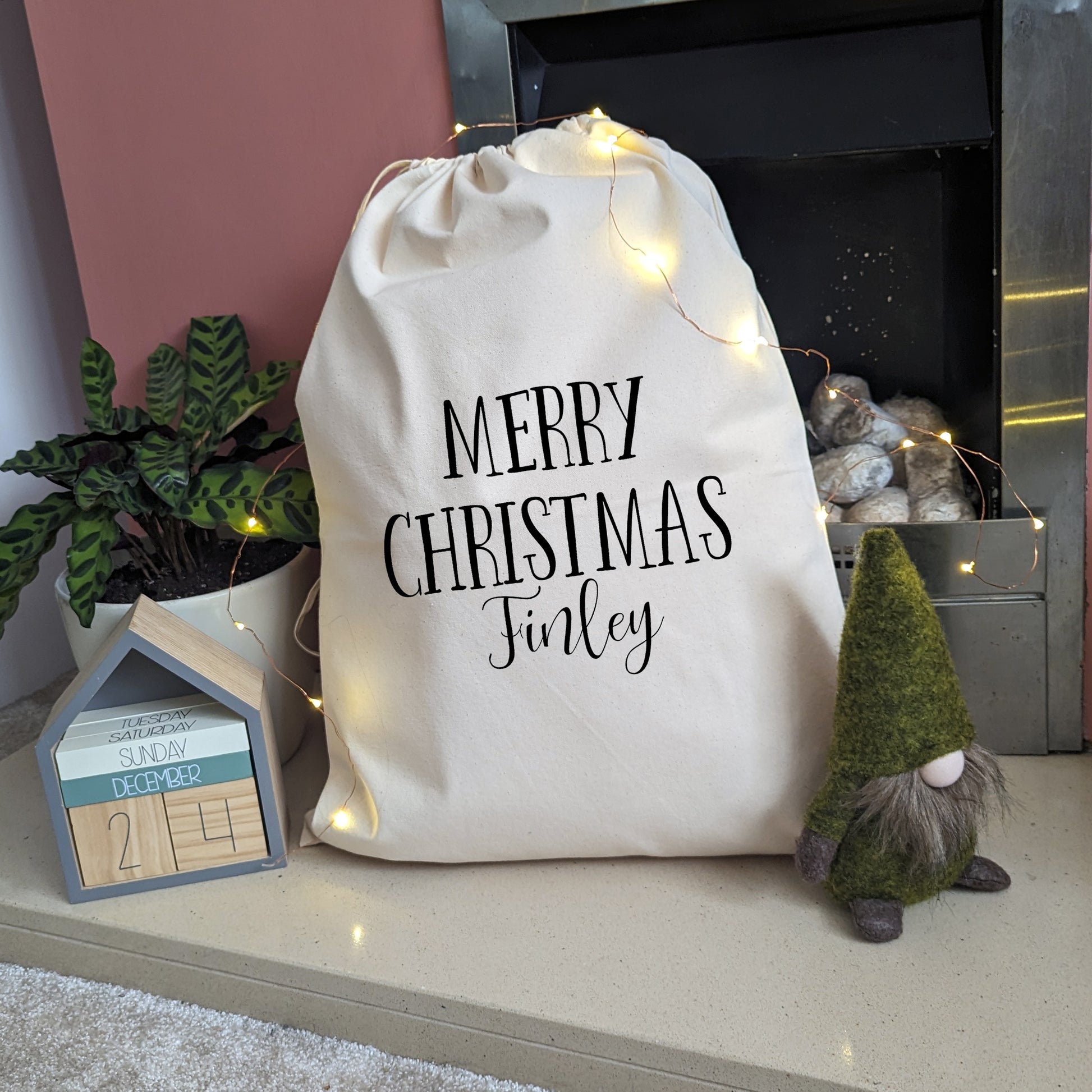 Merry Christmas Drawstring Bag with any Name | Christmas Sack-Cotton sack-Adnil Creations