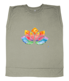 Flowy Rolled Cuff Muscle T-Shirt with watercolour Lotus