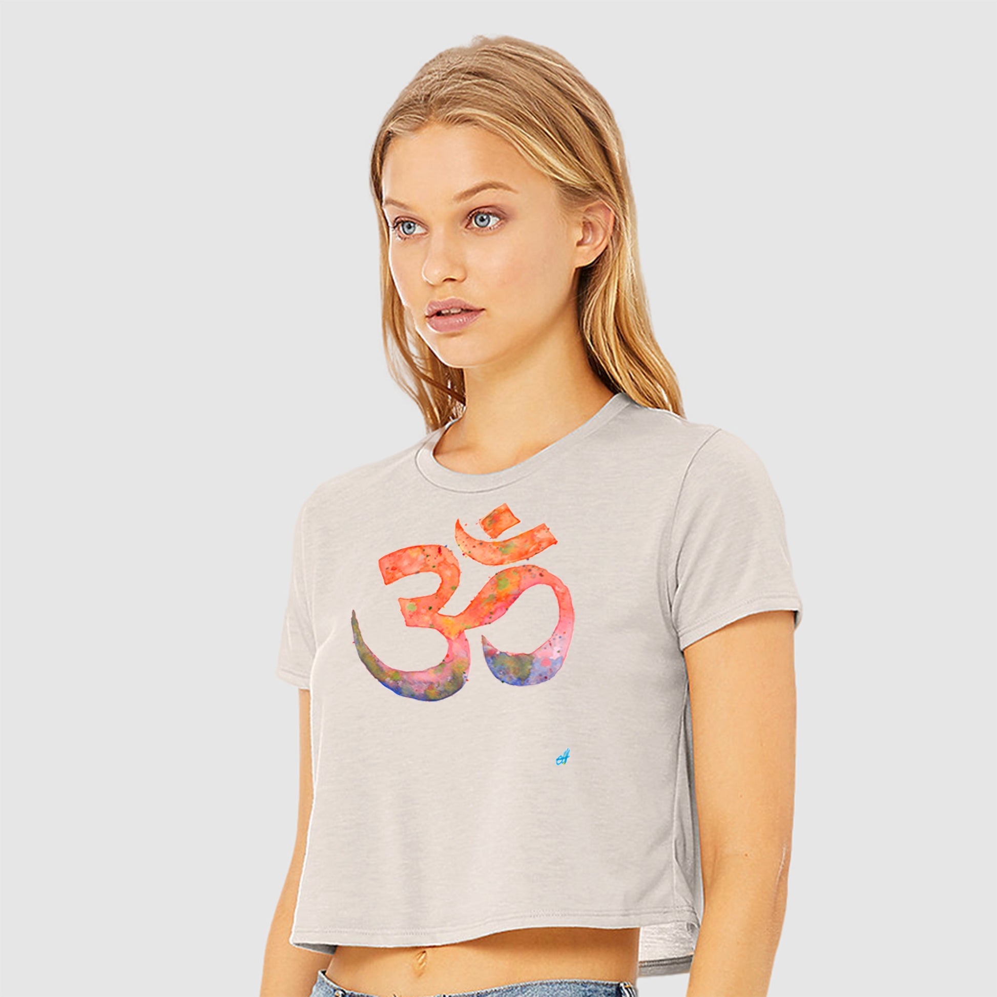 Flowy Cropped T-Shirt with watercolour Om-T-Shirt-Adnil Creations