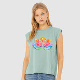 Flowy Rolled Cuff Muscle T-Shirt with watercolour Lotus