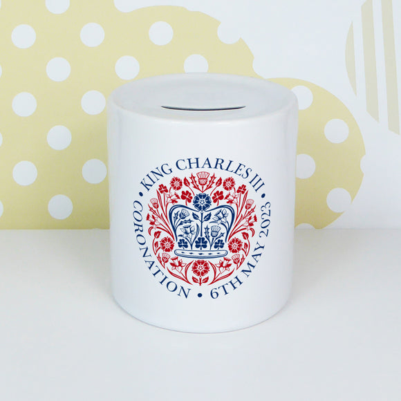 Official Emblem of The Coronation of King Charles III – 6th May 2023 | Ceramic money box | Red and Blue