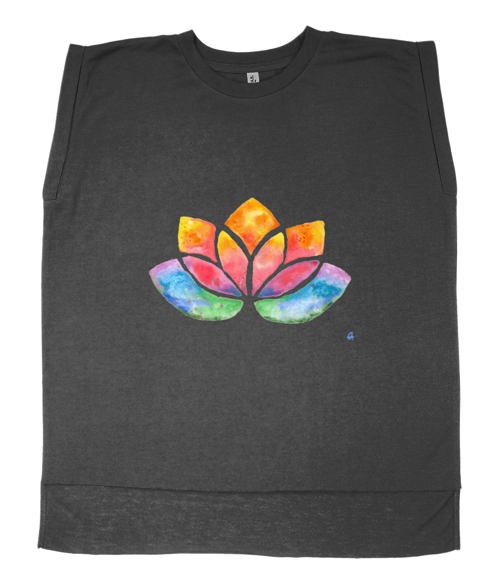 Flowy Rolled Cuff Muscle T-Shirt with watercolour Lotus