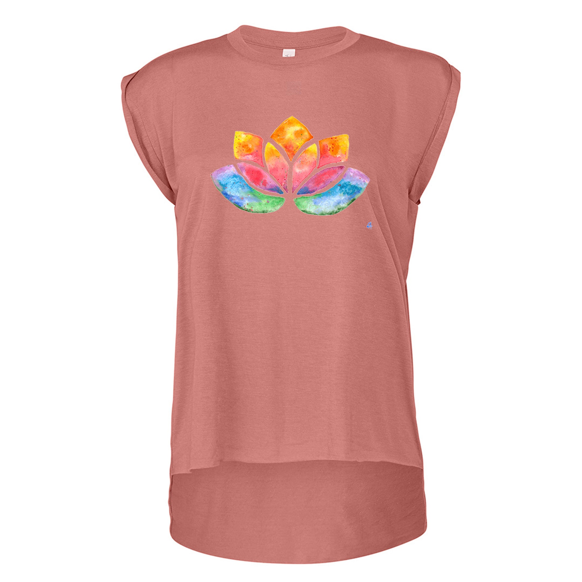 Flowy Rolled Cuff Muscle T-Shirt with watercolour Lotus-T-Shirt-Adnil Creations