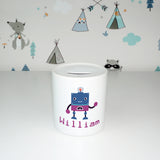 Personalised name with cute robot | Ceramic money box - Adnil Creations