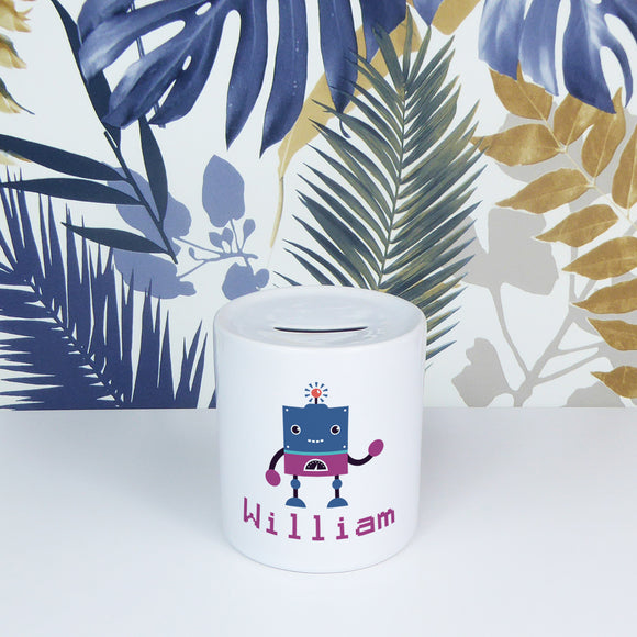 Personalised name with cute robot | Ceramic money box - Adnil Creations