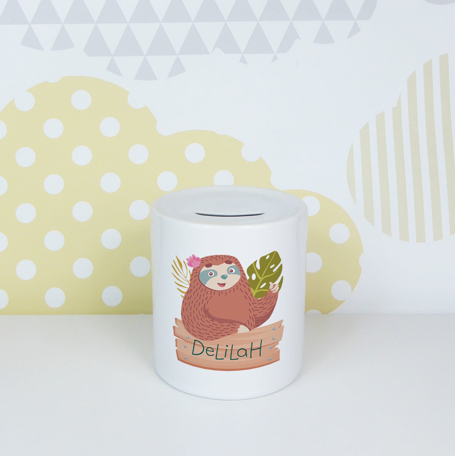 Personalised name with sloth | Ceramic money box - Adnil Creations