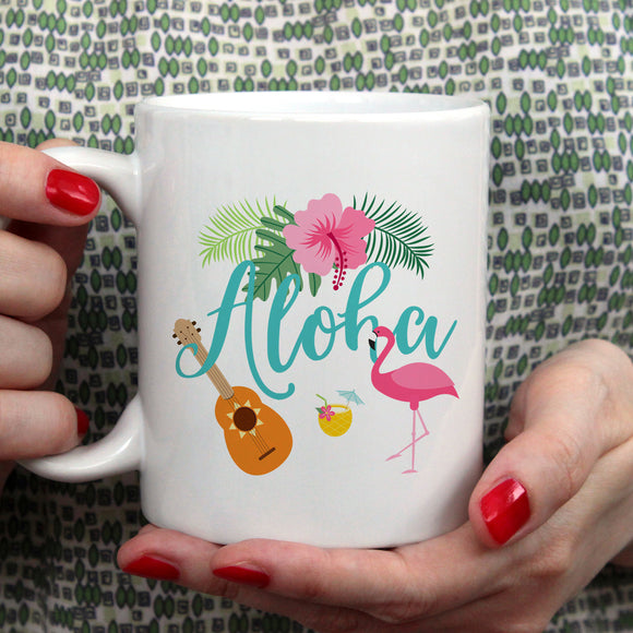 Aloha with flamingo and ukulele | Ceramic mug